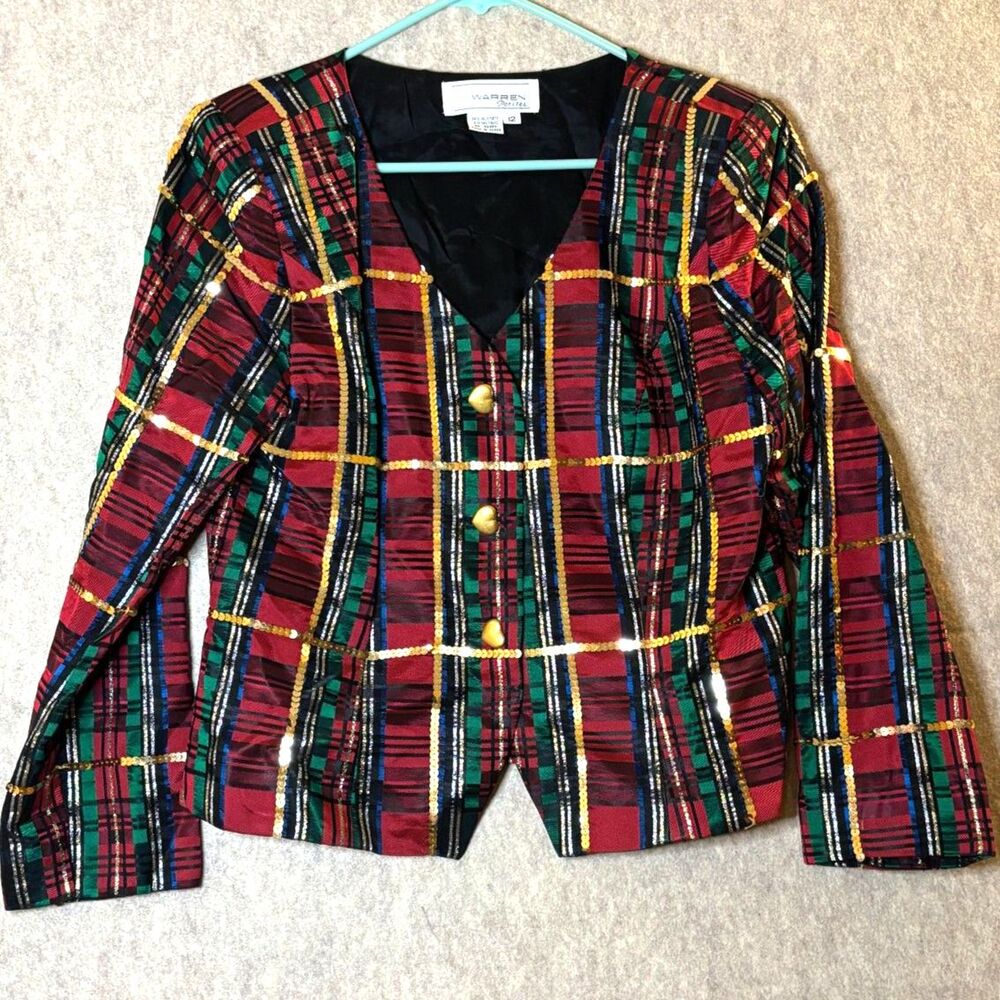 Vintage Warren Petites Plaid Sequin Blazer Womens 12 Christmas Metallic
